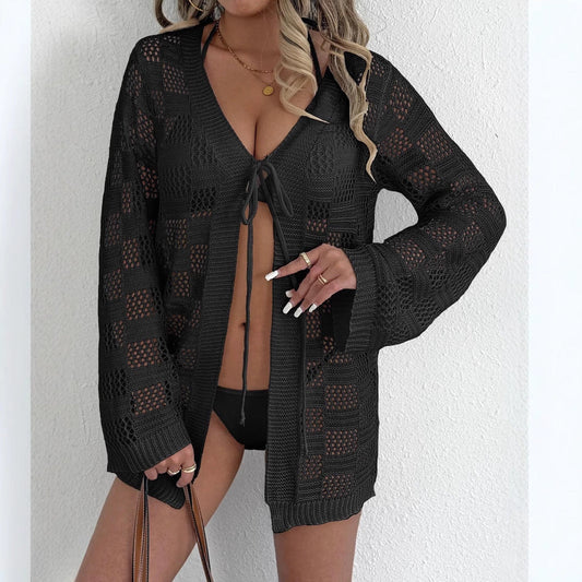 Women Cardigan Women Clothing Woven Shirt Hollow Out Cutout out Long Sleeve Sunscreen Beach Cover Up Lace up Beach Jacket Bella Mia