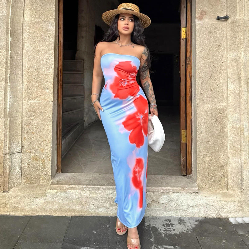 Women Clothing Summer Tube Top Floral Print Slim Fit High Waist Slit Maxi Dress Bella Mia