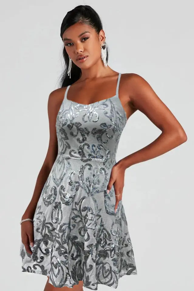 Women Flashing Sequ Loose Mini Dress Cocktail Party Strap Dress Bella Mia