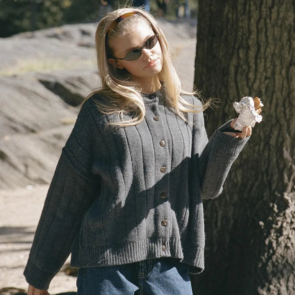 Loose Sweater Cardigan Autumn Winter Sunken Stripe round Neck Sweater Cardigan Knitted Cardigan Women Bella Mia