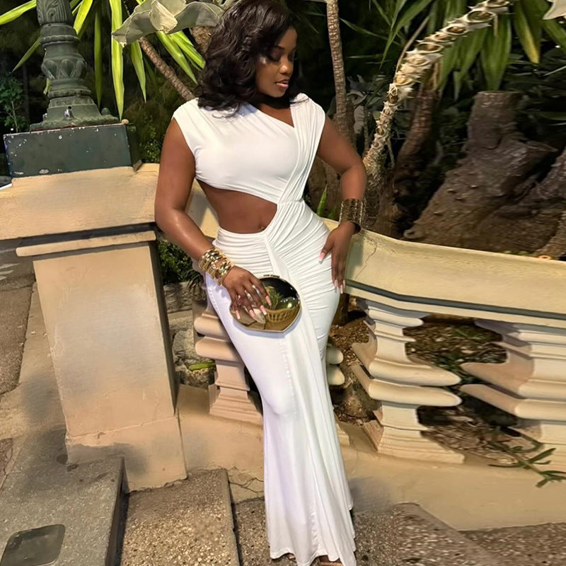 Women Clothing Solid Color Dress Diagonal Collar Sleeveless Ribbon Fishtail Dress Bella Mia