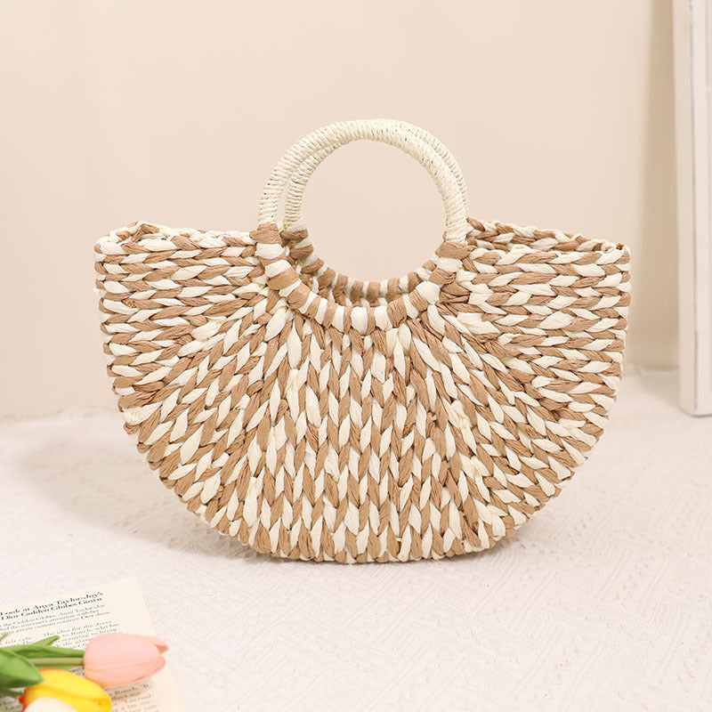 Niche Semicircle Portable Straw Weaved Bag Retro Color Hand Carrying Straw Bag Woven Bag Women Seaside Vacation Beach Bag Bella Mia