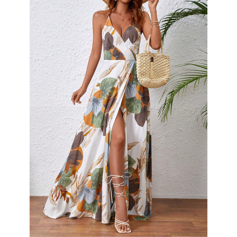 Real Shot Tropical Printing Thigh Fork Sling Dress Bella Mia