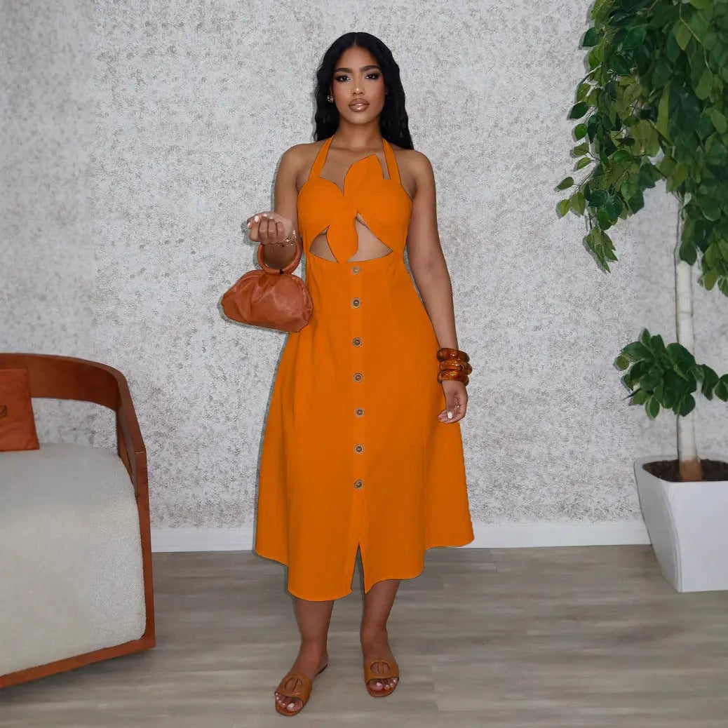 Elegant Office Solid Color Twist Decoration Smocking Halter Tied Dress Bella Mia