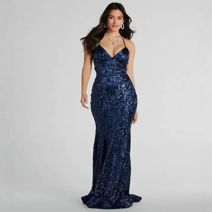 Women Sexy Lace Up Sequin Maxi Dress Backless V Neck Formal Evening Gown Bella Mia