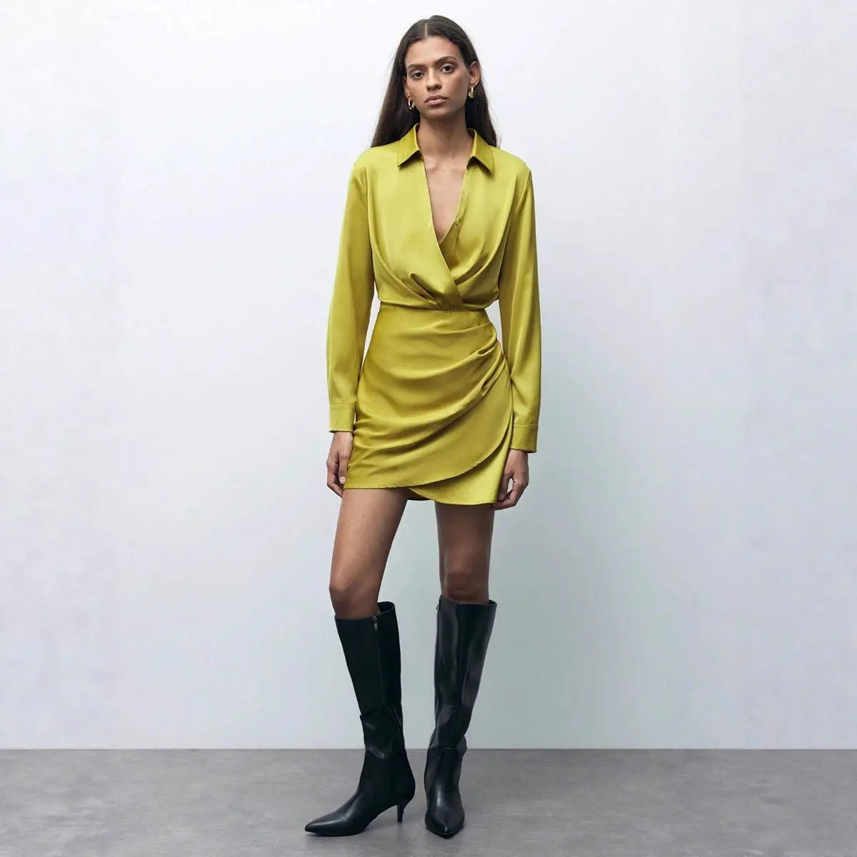 Women Ruched Satin Shirt Dress Short Length Collared Long Sleeve Slim Fit Work Bella Mia