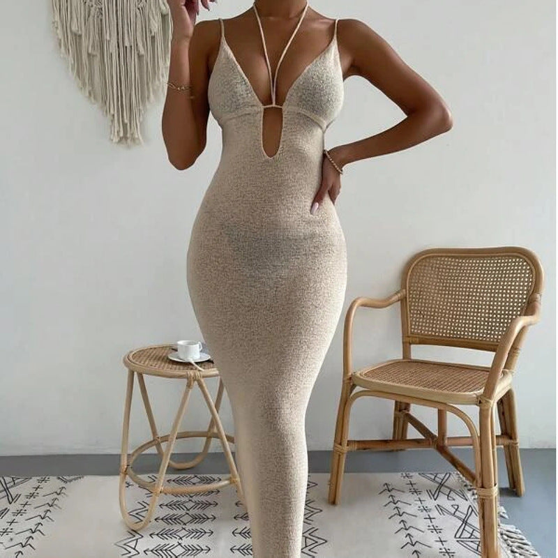 Women Clothes Sexy Sexy Cutout Lace Up Halter Spaghetti Straps Stitching Dress Maxi Dress Women Bella Mia