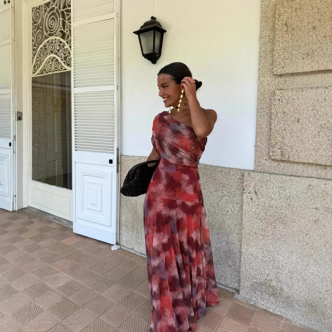 Printed Mesh off Shoulder Vacation Slim Fit Bottoming Dress Bella Mia