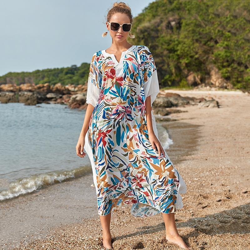 Wrinkle Solid Color Edge Robe Loose Dress Beach Sun Protection Clothing Swimsuit Bikini Cover Up Blouse Bella Mia