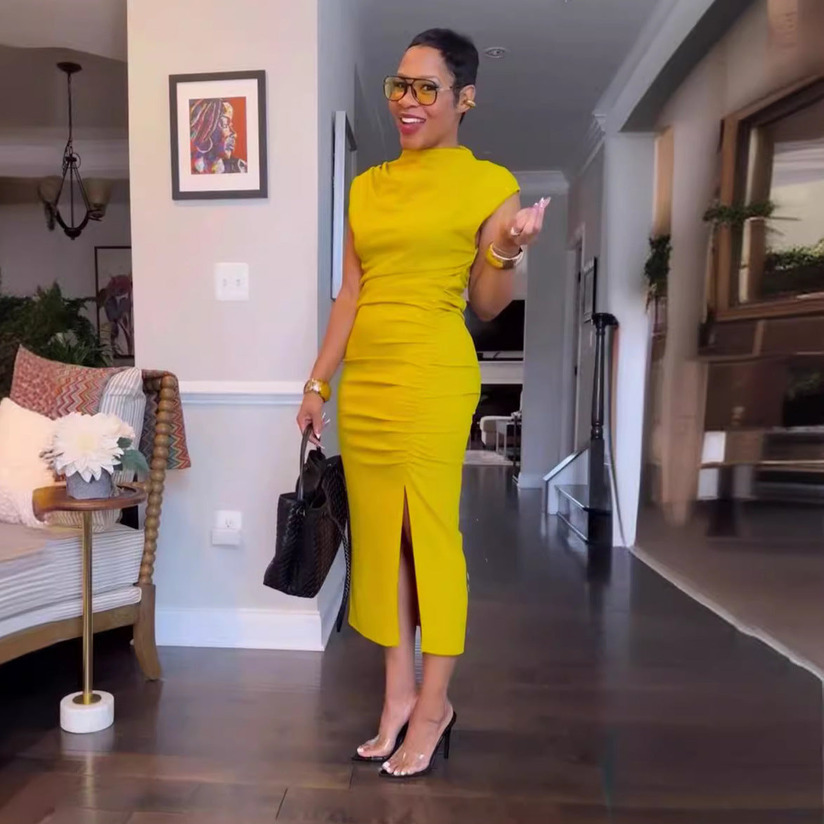 Women Clothing Solid Color Slim Fit Sheath Slit Mid Length Dress Bella Mia