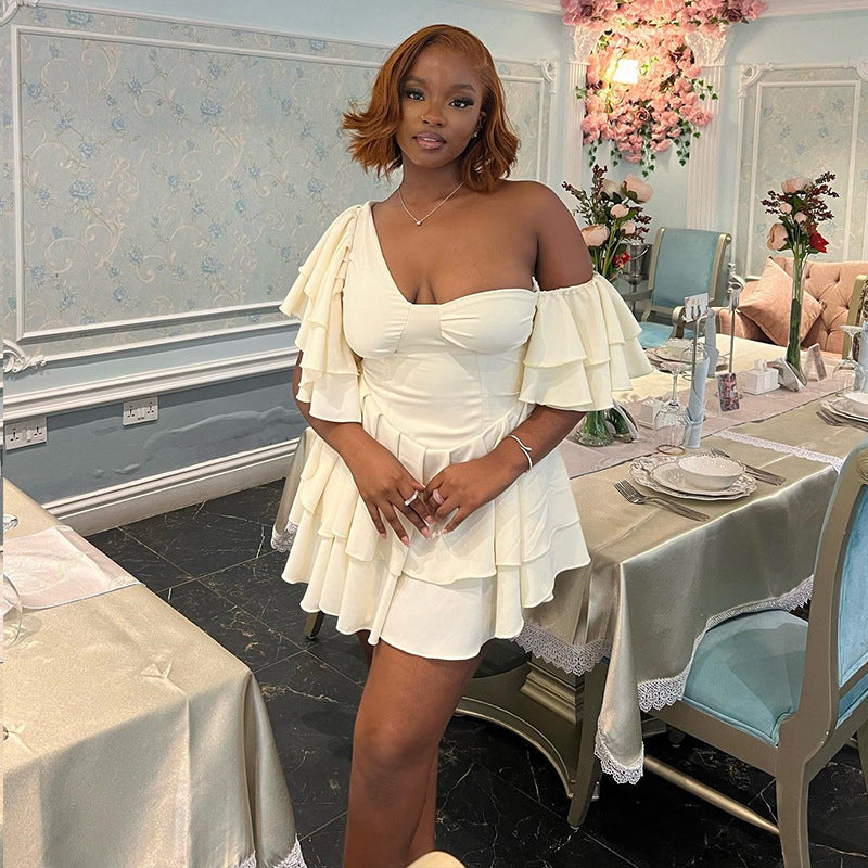 Solid Color Pleated Ruffle Sleeve Dress Irregular Asymmetric Diagonal Collar Tiered Dress Pullover Street Hipster Dress for Women Bella Mia