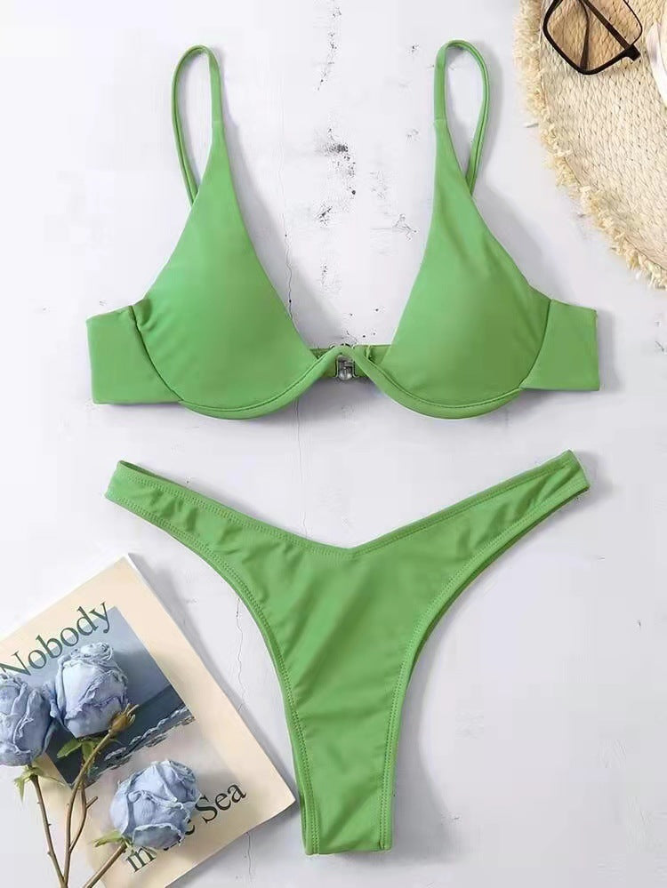 Sexy Bikini Split Gathering Steel Bracket Solid Color Swimsuit Women Bella Mia