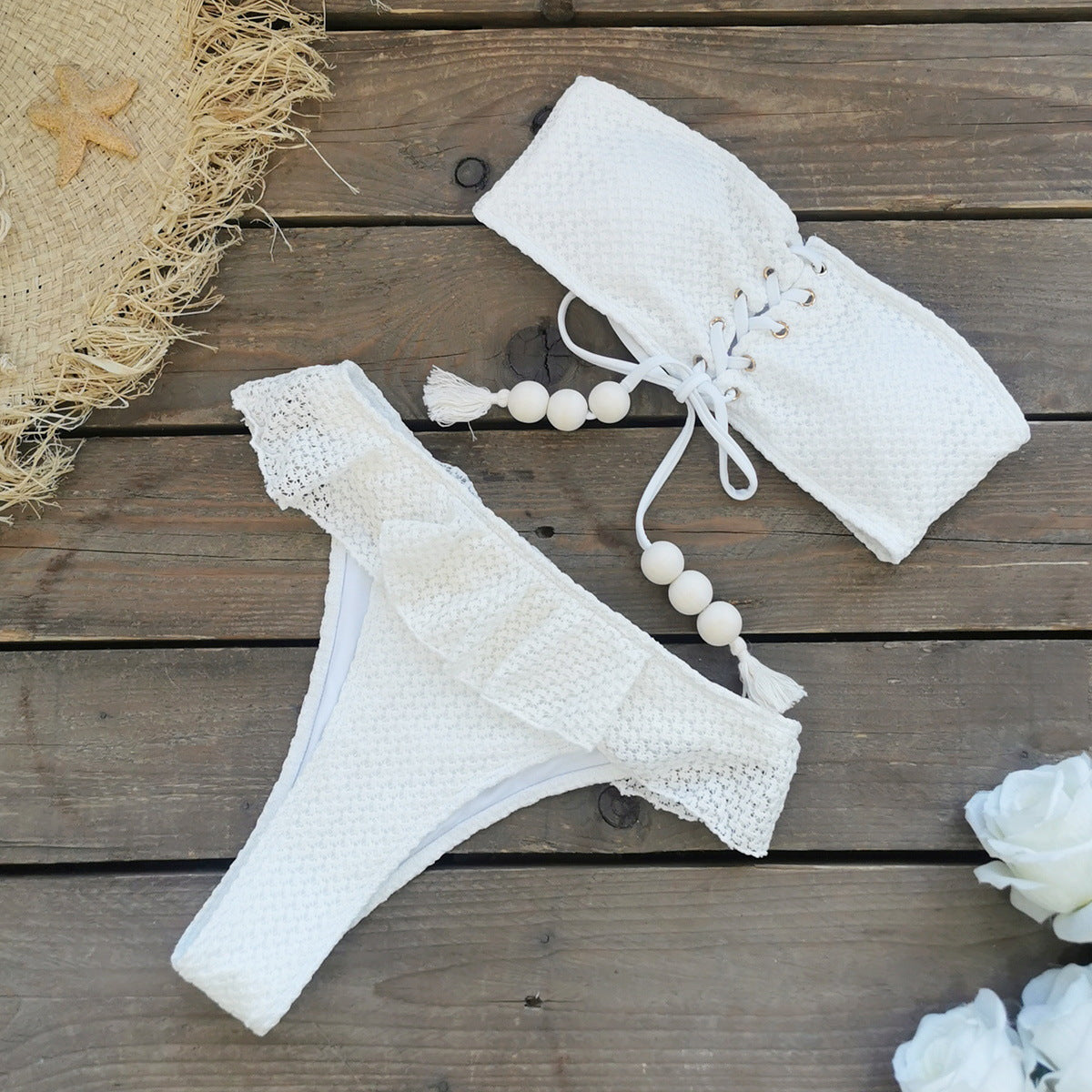 Women Tube Top High Waist with Straps Split Swimsuit Ruffled Solid Color Thread Bikini Bella Mia