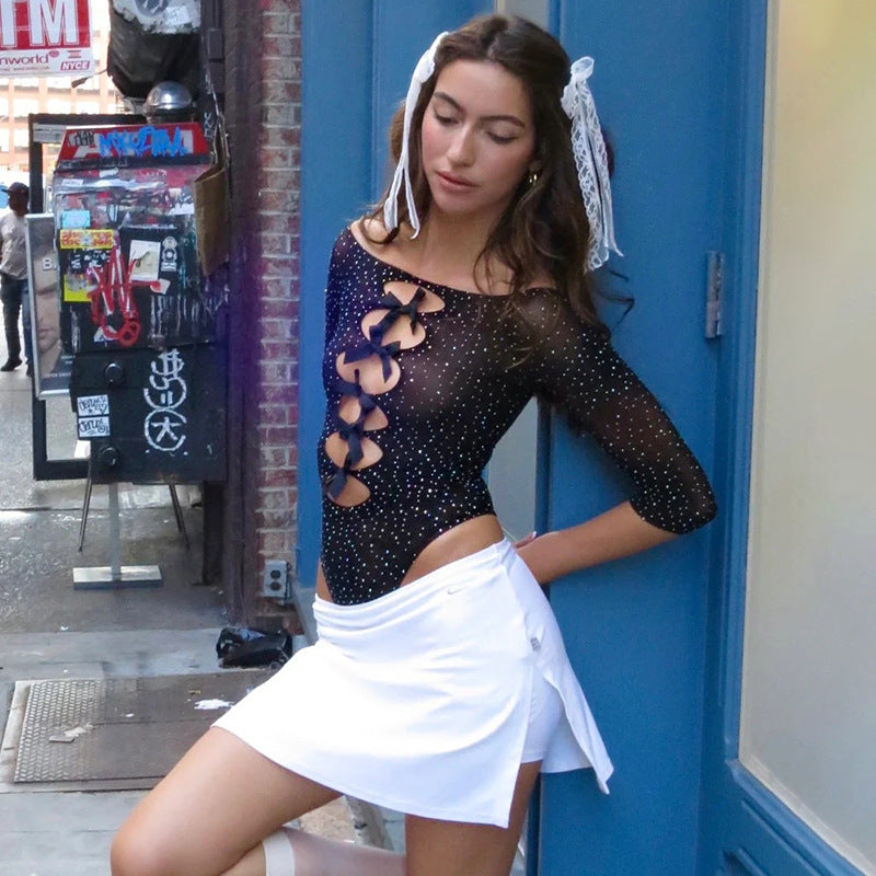 Autumn Sexy High Elastic Knitted See through Bow Hollow Out Cutout Rhinestone Jumpsuit Bella Mia