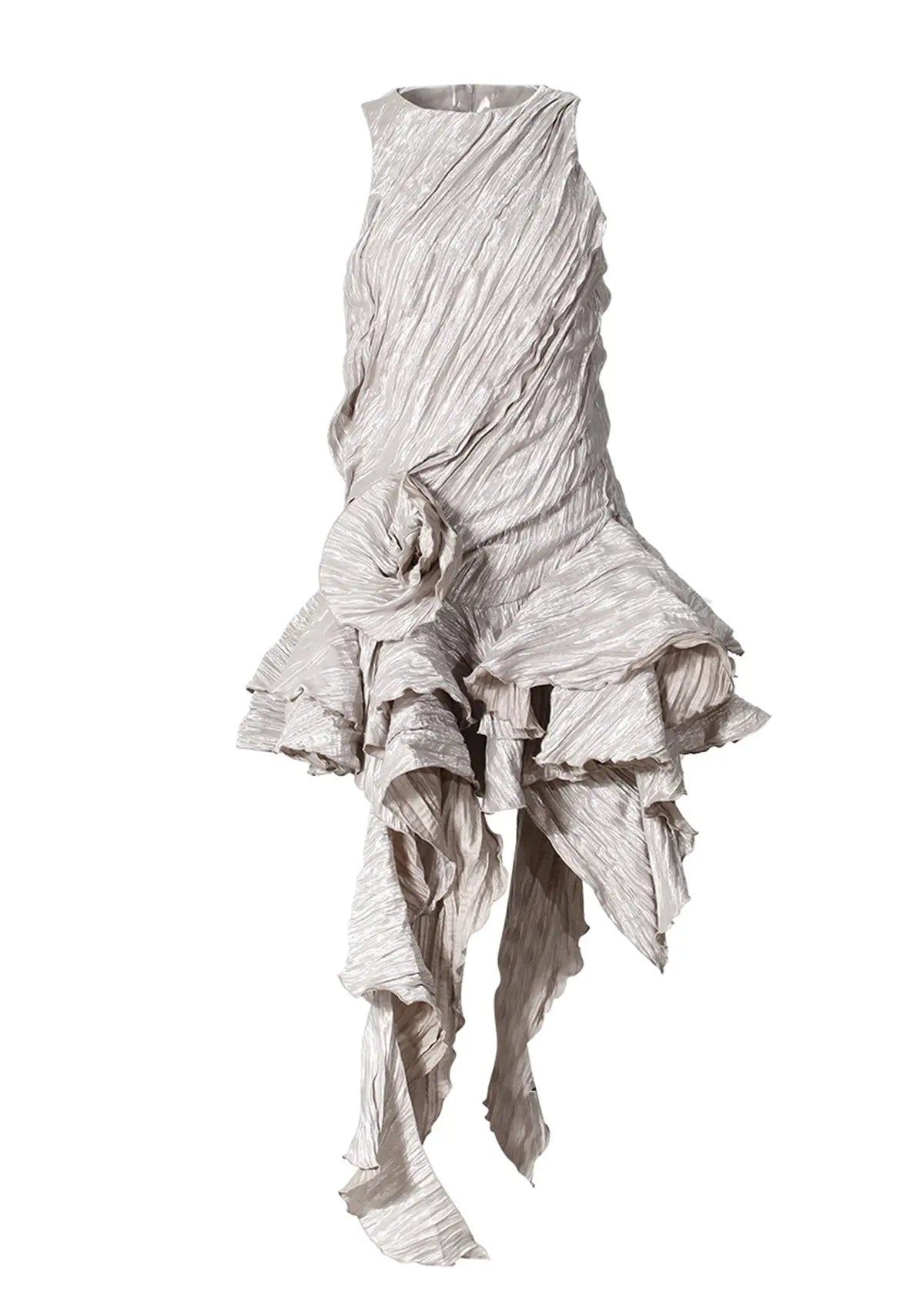 Sleeveless Pleated 3D Asymmetric Dress With Ruffles Retro Floral High Low Hem Bella Mia