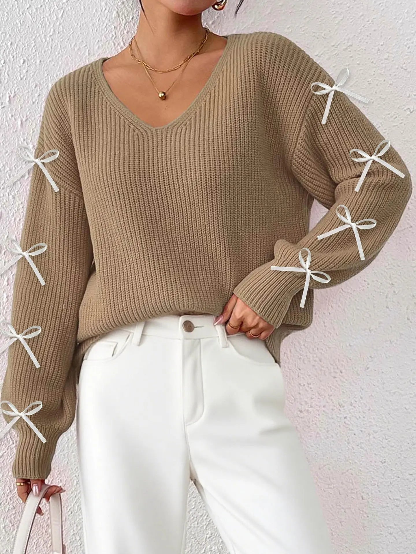 Women Elegant Bow Decor Knit Pullover Jersey V Neck Long Sleeve Spring Fall Bella Mia