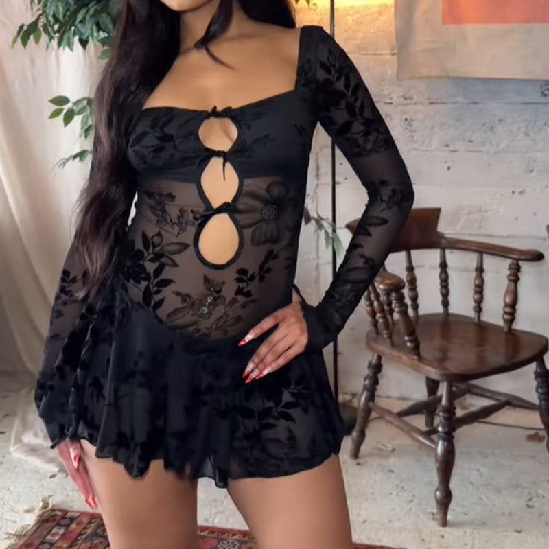 Sexy See through Hollow Out Cutout Flocking Women Sexy Slim Hip Dress Bella Mia