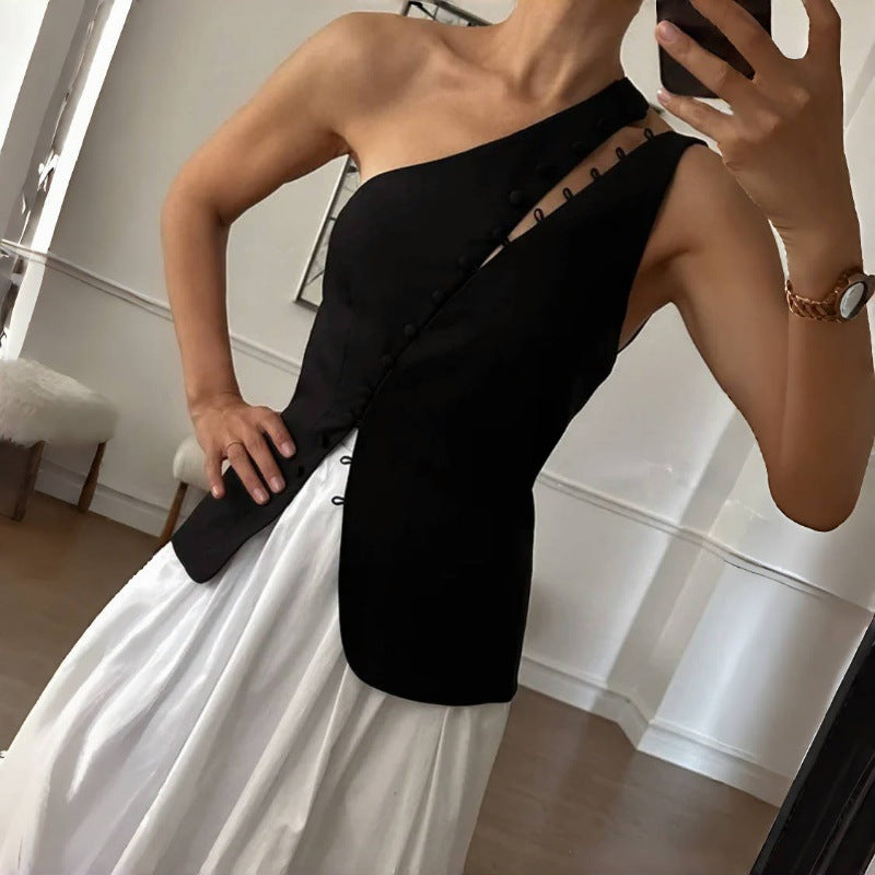 Women Clothing Summer Diagonal Collar Hooks Sexy Sleeveless Vest Bella Mia