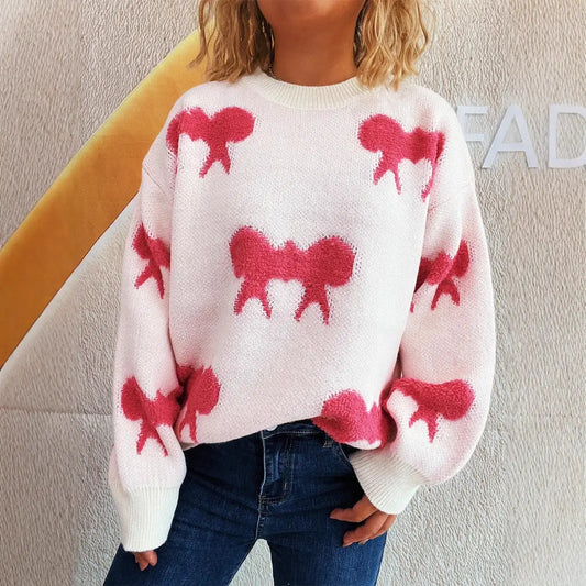 Autumn Winter Color Blocking Bow Knitted Pullover Crew Neck Casual Women Wear Sweater Bella Mia
