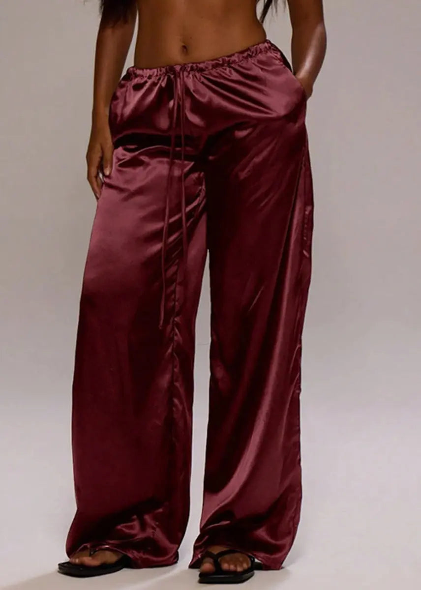 Women Clothing Trendy Autumn Satin Satin Casual Pants Loose Wide Leg Drawstring Long Pants Bella Mia