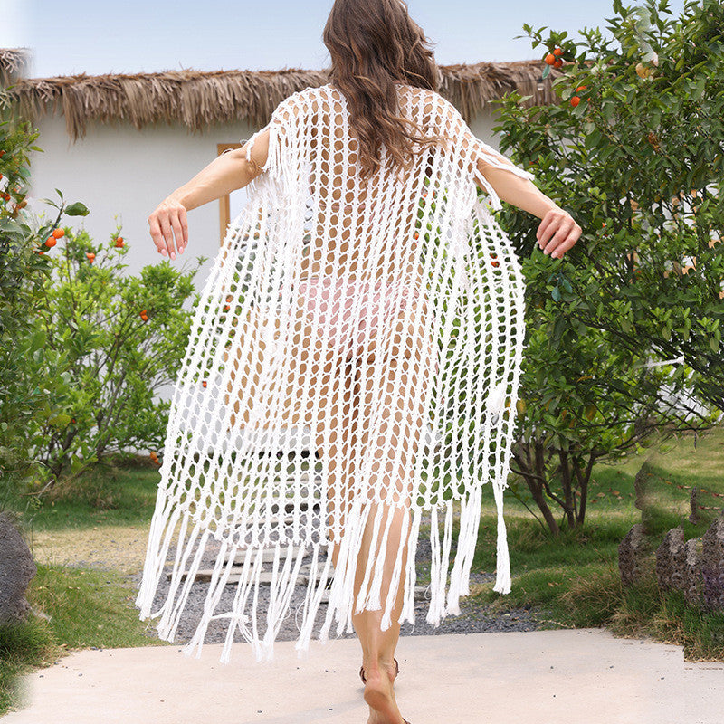 Knitted Tassel Beach Cover up Sexy Mesh Hollow Out Loose Vacation Cardigan Bikini Cover