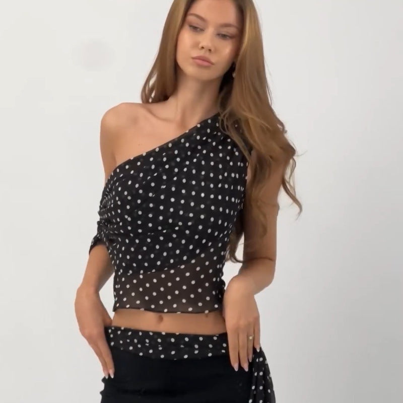 Women Clothing Summer Sexy Diagonal Collar Polka Dot Chiffon See through Irregular Asymmetric Top Women Bella Mia