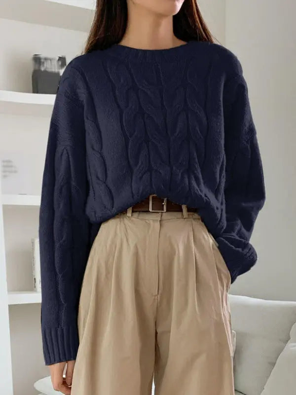 Casual Women Loose Cable Knit Sweater Crew Neck Pullover Autumn Winter Bella Mia