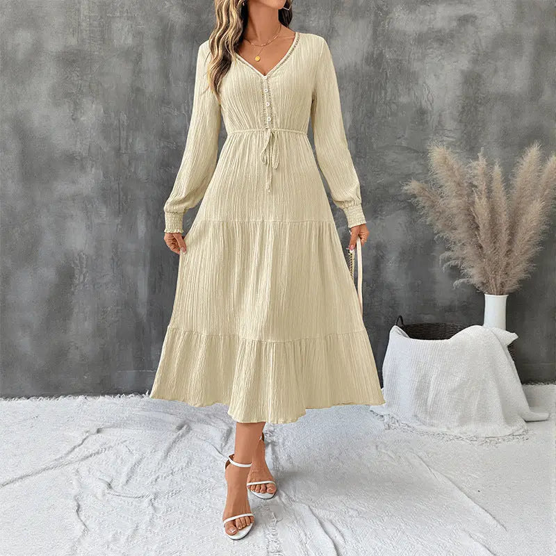 Autumn Elegant Long Sleeve Pleated V neck Solid Color Dress Bella Mia
