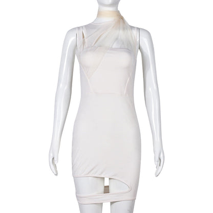 Women Clothing Spring Mesh Stitching Halter Cut out Irregular Asymmetric Dress