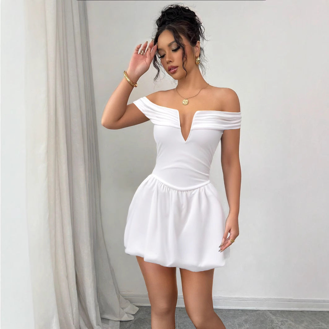 Summer off Shoulder Deep V Plunge neck Dress Arrival Pleated Raglan Sleeve Sexy Backless Dress Bella Mia