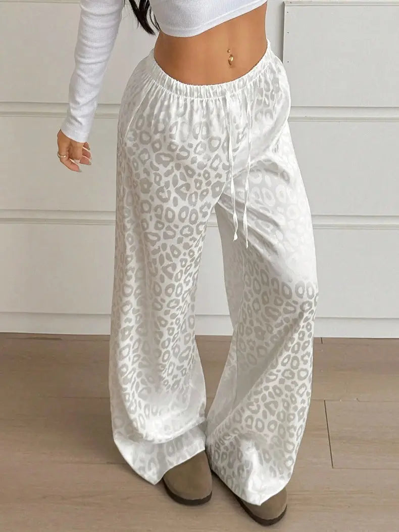 Women Clothing Autumn Satin Casual Pants Drawstring Leopard Print Mop Wide Leg Pants Long Pants Bella Mia