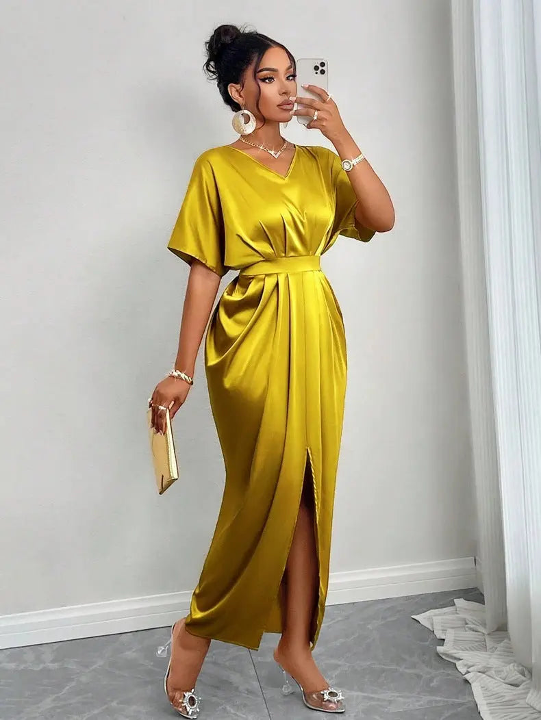 Women Clothing Early Autumn Satin Dress Ball Gown Satin Waist Tight Maxi Dress Bella Mia