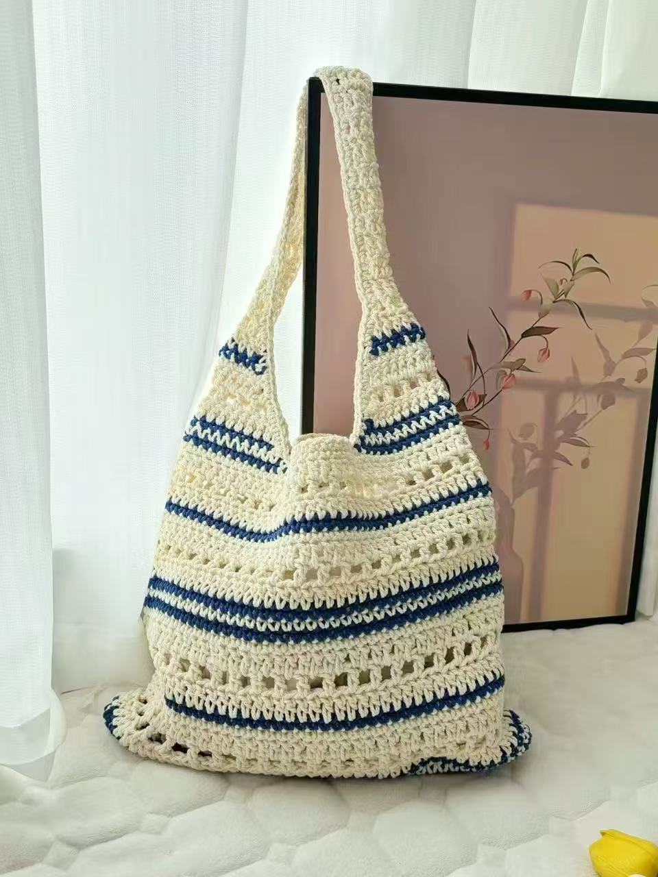 Striped Single Shoulder Cotton Thread Woven Bag Large Capacity Hollow Out Cutout Straw Bag Seaside Vacation Beach Bag Bella Mia