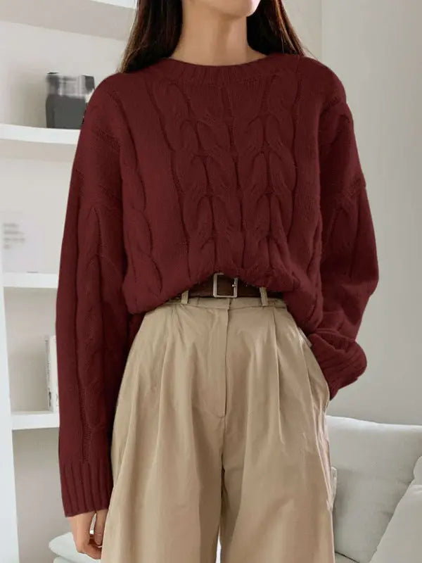 Casual Women Loose Cable Knit Sweater Crew Neck Pullover Autumn Winter Bella Mia