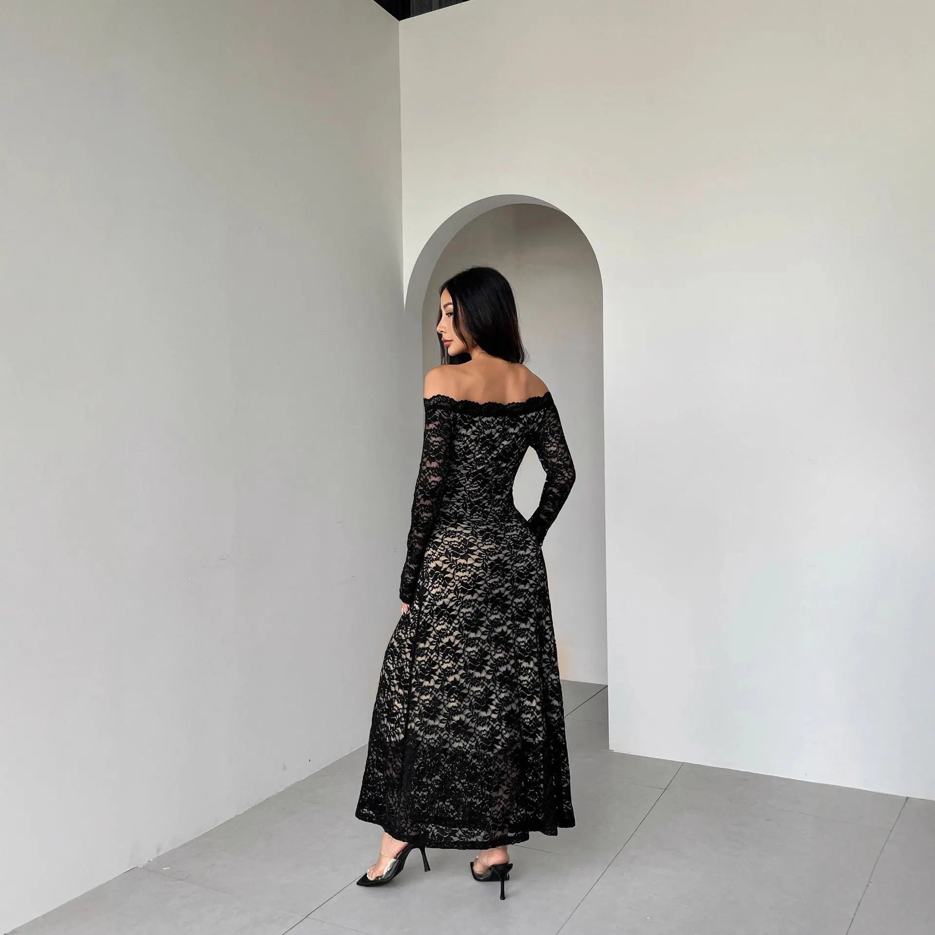 Autumn Winter Long Sleeve Lace off Neck Slim Slimming Maxi Dress Women Bella Mia