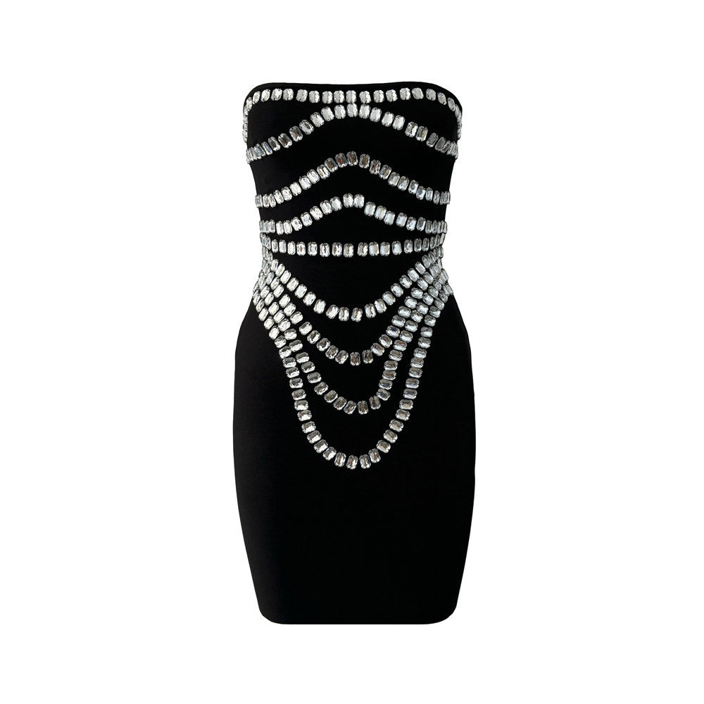 Handmade Beaded Rhinestone Sexy off the Shoulder Bandage One-Piece Dress Slim Party Gathering Evening Dress Bella Mia