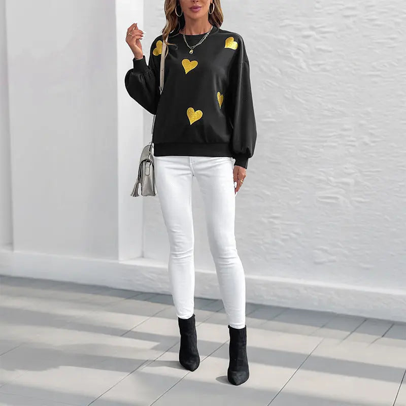 Autumn Romantic Sweet Heart Printing Loose round Neck Long Sleeve Sweatshirts Bella Mia