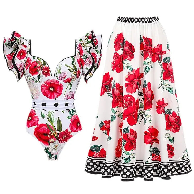 Spring Sexy Swimsuit Women Conservative Warm Printed Swimsuit Wrap Skirt Set Bella Mia