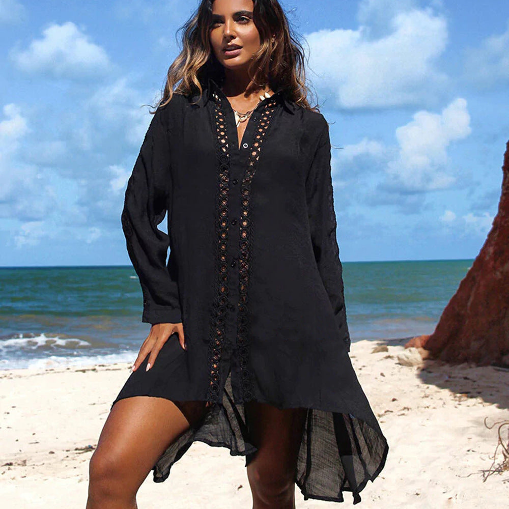 Cotton Bamboo Lace Shirt Beach Jacket Beach Cover Up Vacation Swimsuit Outer Wear Cardigan Sun Protective Clothing Bella Mia