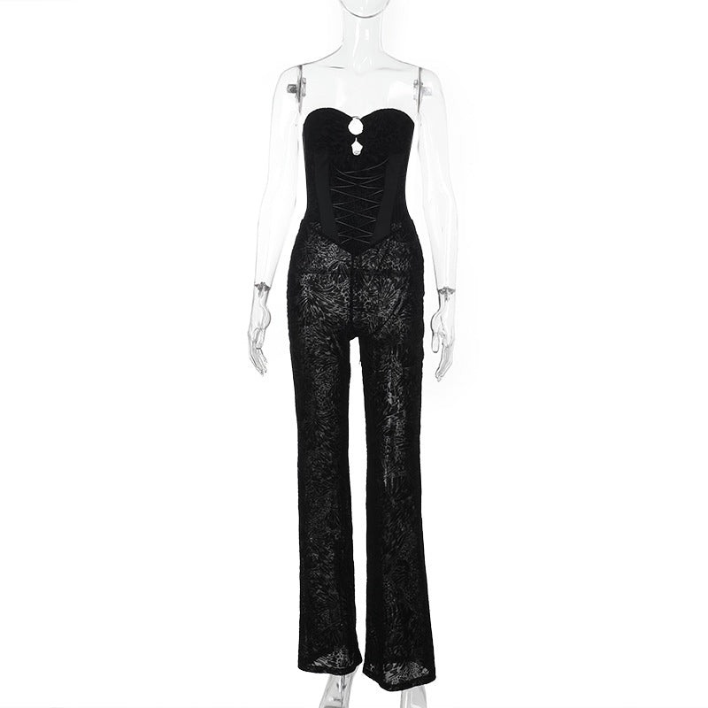 Metal Hollow Out Cutout See through Flocking Strap Lace Tube Top Jumpsuit Bella Mia