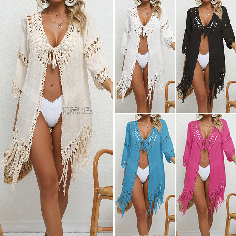 Solid Color Crochet Stitching Beach Sun Protection Cardigan Tassel Lace up Short Sexy Blouse Bella Mia