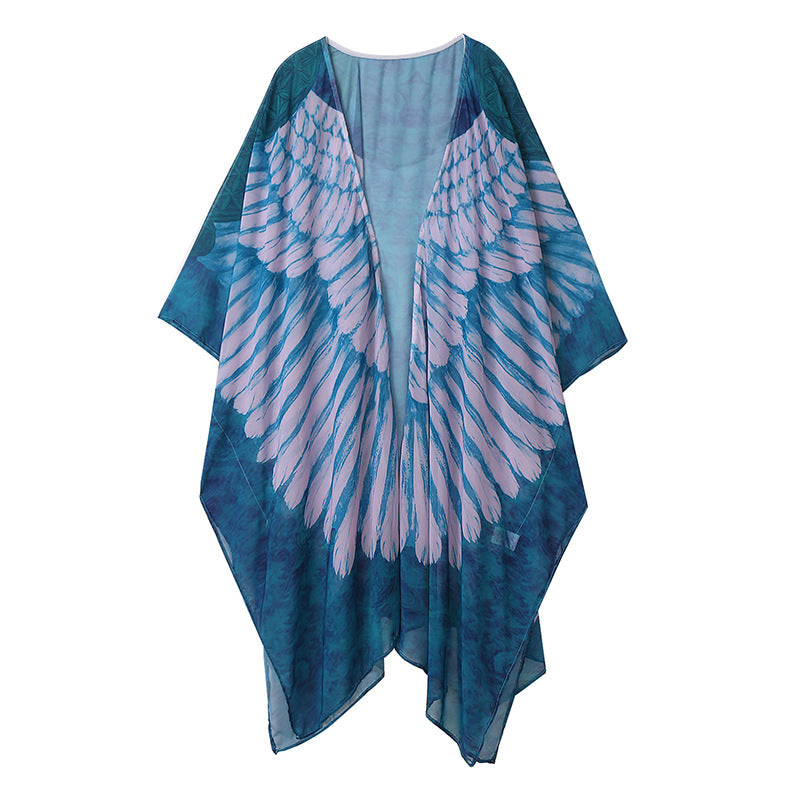Beach Cover Up Wings Printing Wing Loose Long Long Sleeve Knitted Cardigan Sunscreen Beach Cover Up Bella Mia