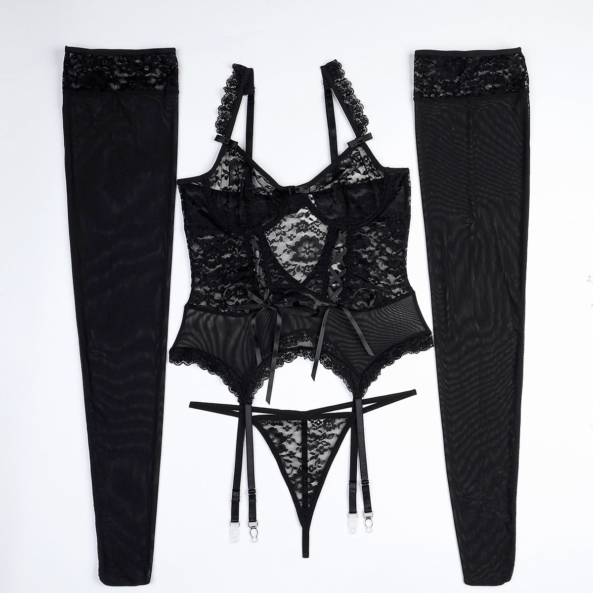 Big Stockings Black Mysterious Lace Hollow Out Cutout Lace Strap Slimming Sexy Goddess Sexy Lingerie Four Piece Set Bella Mia