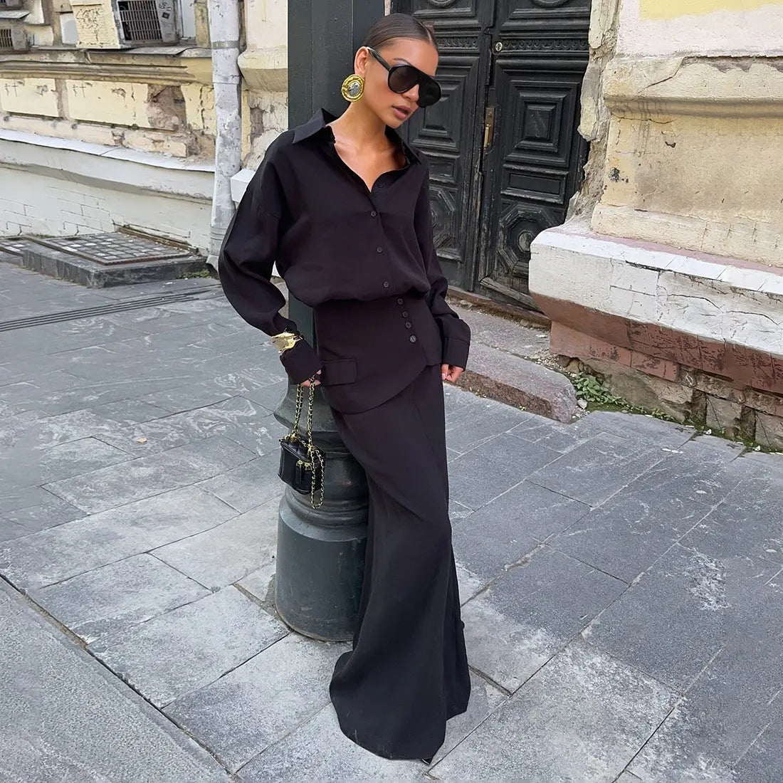 Women Clothing Fall Collared Long Sleeve Shirt Solid Color Waist Seal Skirt Three Piece Set Bella Mia