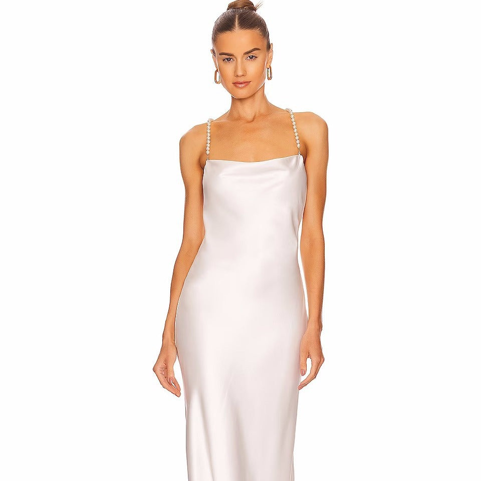 French White Bead Necklace Evening Dress Silk Satin Texture Women Sexy Backless Elegant Party Dress Bella Mia