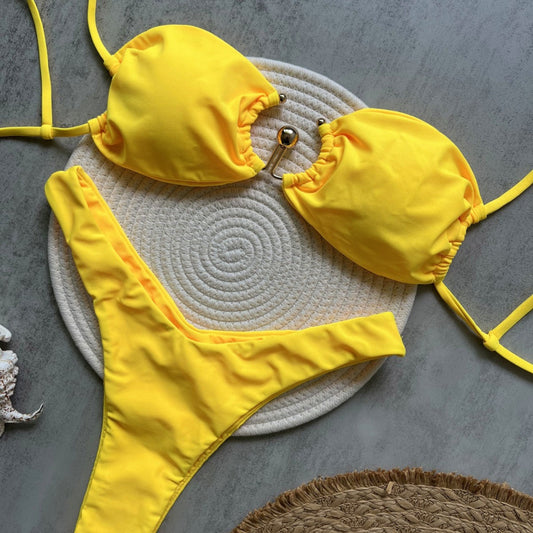 Yellow Metal Accessories Solid Color Bikini Sexy Backless Split Swimsuit Nylon Bikini Bella Mia