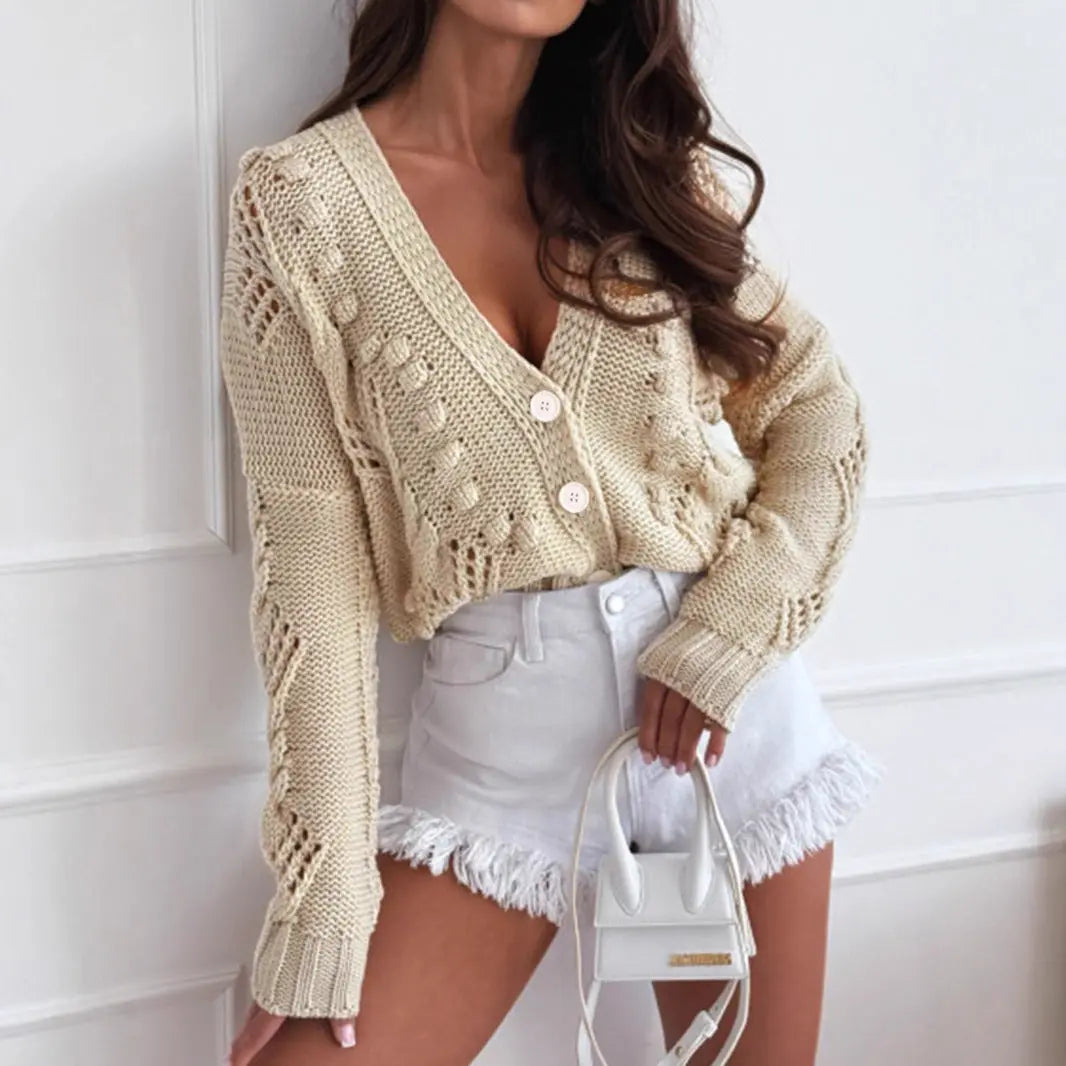 Autumn Winter Cardigan Long Sleeved Button Loose Crochet Hollow Out Cutout out Sweater Women Bella Mia