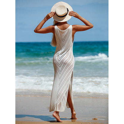 Travel Vacation Sexy Backless V neck Solid Color Breathable Knitted Maxi Dress Beach Sun Protection Blouse Crochet hook