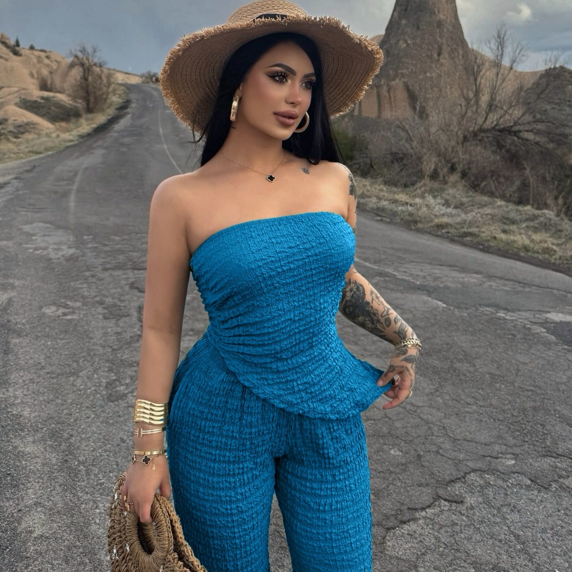 Summer Women Clothing Sexy off the Shoulder Tube Top Beveled Top Slim Trousers Two Piece Sets Bella Mia