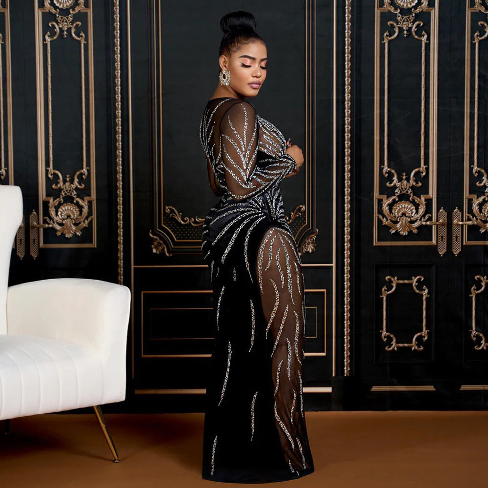 Maxi Dress Sexy Sheer Mesh Stitching Velvet Party Evening Dress Women Bella Mia